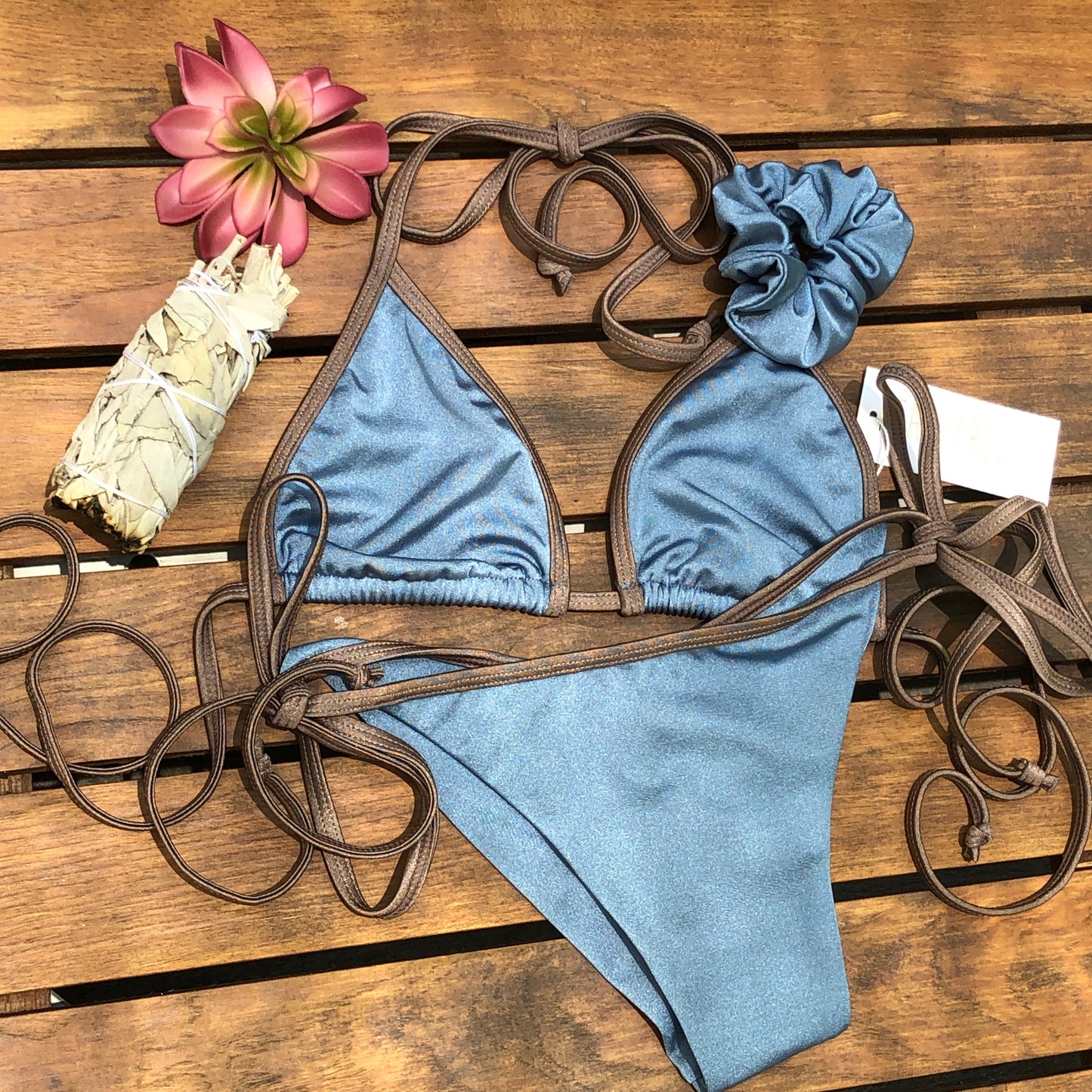 The Harlow Cheeky String Bikini Bottom in Smokey Blue